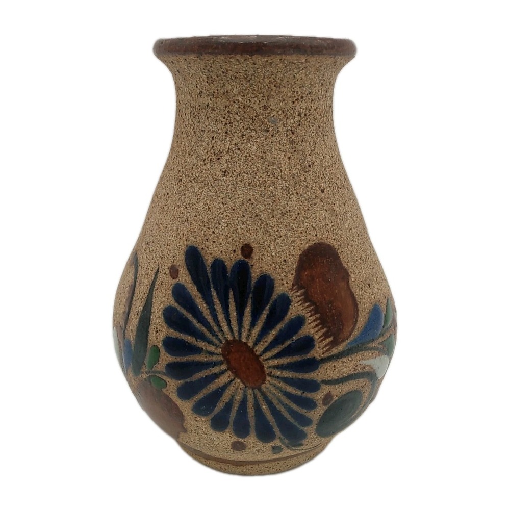 Tonala Mexican Sandstone Bud Vase Hand Painted Folk Art Pottery 5" Tall